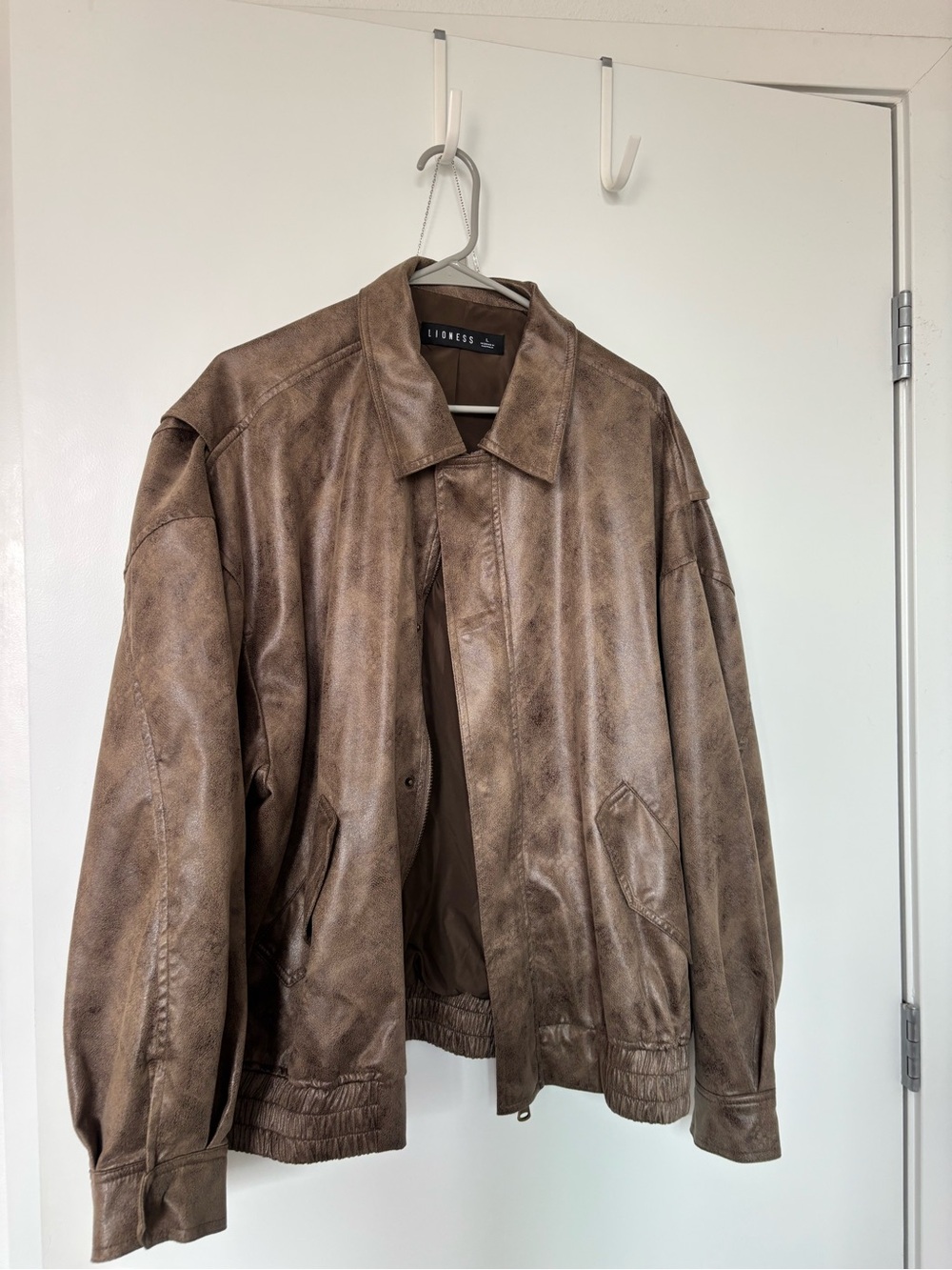 Lioness Brown Faux-Leather Bomber Jacket - Distressed Tan Finish